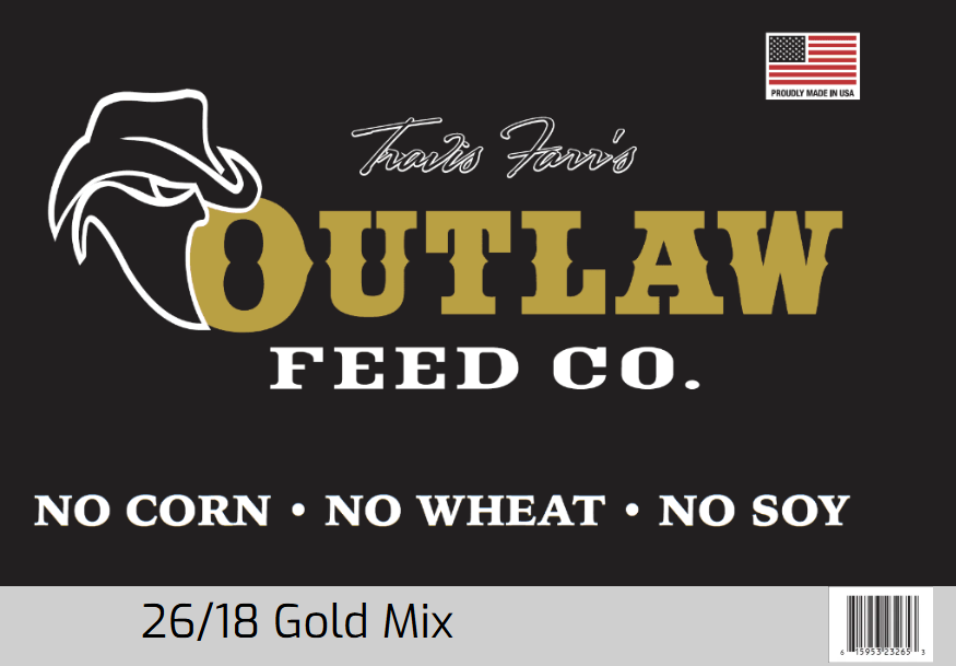 Outlaw Feed Gold Formula bag — 26% protein 18% fat, Texas-made dog food, no corn wheat or soy