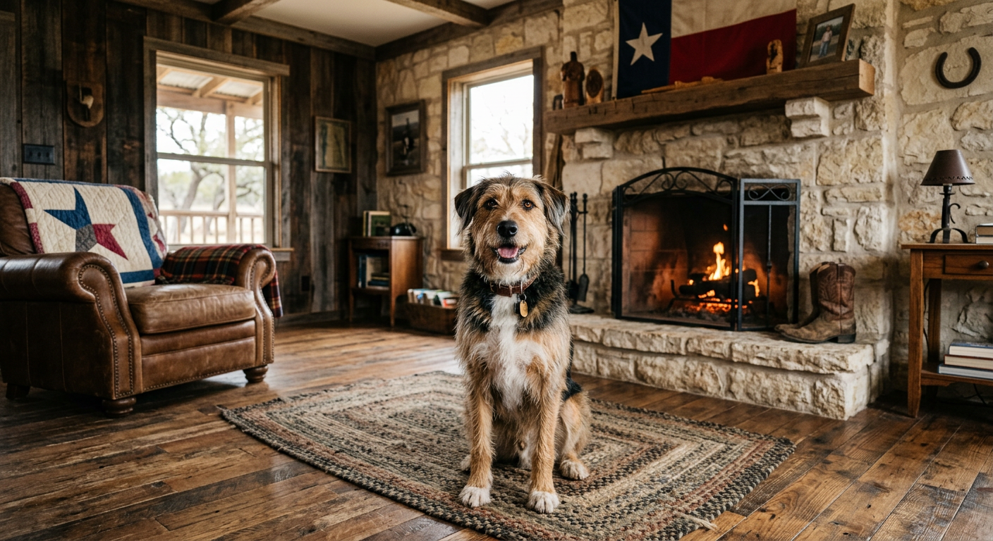 Ranch dog sitting by a stone fireplace with Texas flag in a rustic ranch house — Outlaw Feed, made in Texas made to work