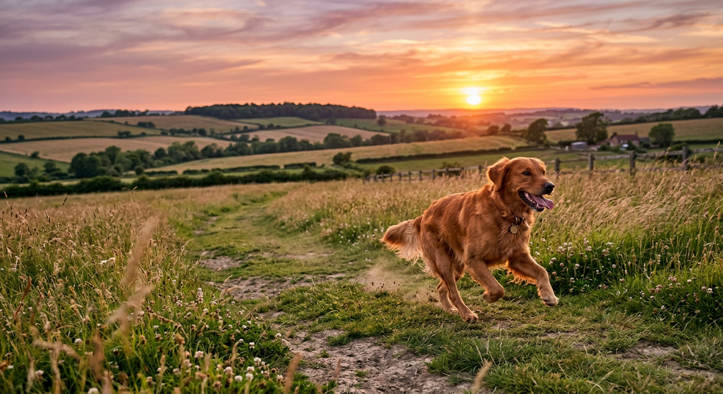 Golden retriever working dog running across a rural field at sunset — working dog nutrition guide by Outlaw Feed